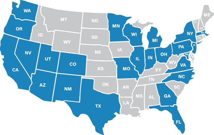 Map of United State with states filled in, indicating current staffing partnerships